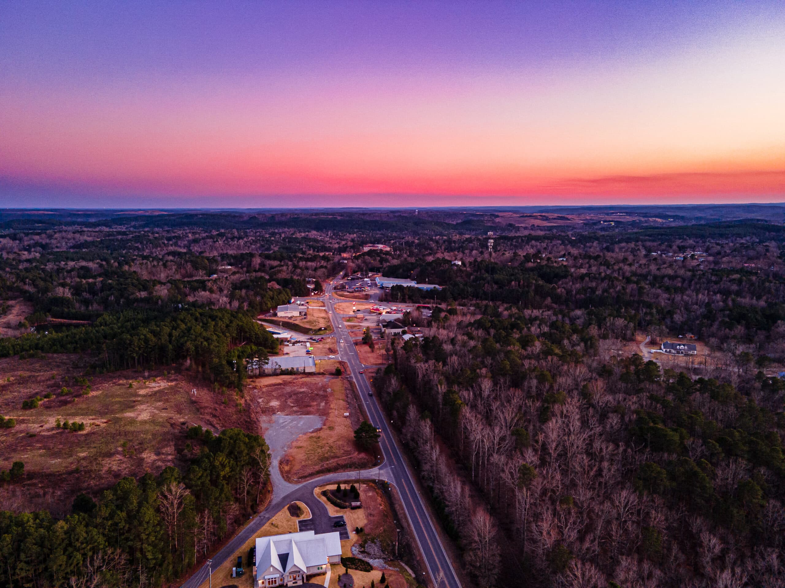 Aerial drone view of the Town of Parrish, Alabama showing the landscape and community